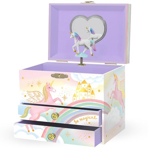 Giggle & Honey® Joyero Musical Grande de Unicornio con Dos Cajones para Niñas - Caja de Música Infantil con Espejo, Joyero Niña Unicornio, Cajita Musical, Regalo Cumpleaños Niñas 3-10