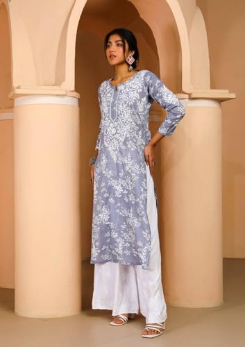 Image of GoSriKi Cotton Blend Embroidered Straight Kurta for Women | Cotton Blend Pink | 3 /4 Sleeve | Round Neck V-Slit | Ethnic Wear Casual Wear