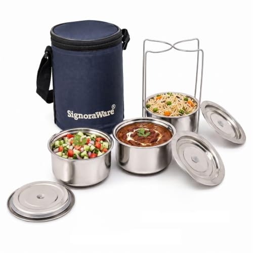 SignoraWare Fine Meal Stainless Steel Lunch Box | Airtight & Leakproof Lid | Compact & Lightweight | Tiffin for Office, School & Travel Use (300ml x 3