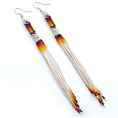 HANDMADE BEADED INDIAN FASHION JEWELRY WHITE RED FIRE COLOR GLASS SEED BEADS BEADED EARRINGS EXTRA LONG HANDMADE E53/26