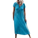YEBIRAL Plus Größe Damen Beiläufige Lose Leinen Kleider V-Ausschnitt Kurzarm Sommerkleid Casual Tägliche Maxikleid Blusenkleid Boho Strandkleid Lange Kleid(XXXXL,Blau)
