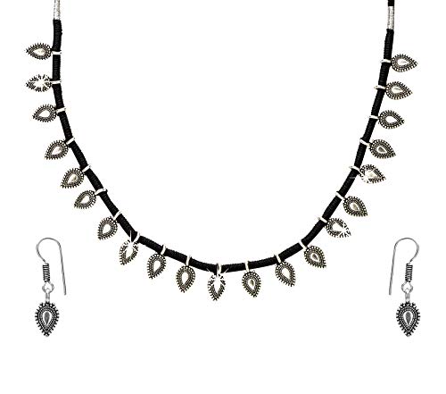 Image of Yellow Chimes Women and Girls Traditional Silver Oxidised Choker Jewellery Set - Black