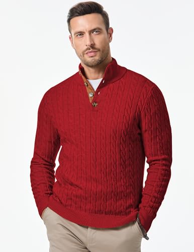 Image of JMIERR Men's Cable Knit Pullover Sweater Casual Long Sleeve Stand Collar Button Knitted Sweaters