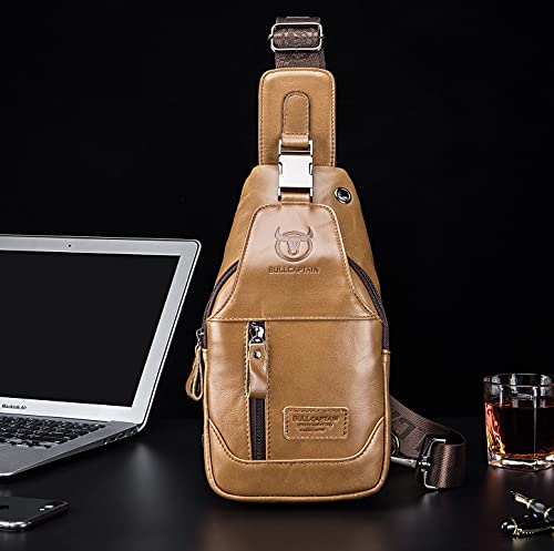 Bullcaptain Genuine Leather Men's Sling Shoulder Backpack Multi-Pocket Crossbody Chest Bags Travel Hiking Daypack With Earphone Hole (Yellowish Brown) #TOP2