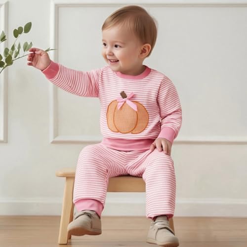 Toddler Baby Halloween Clothes Girl Boy Striped Waffle Knit Outfit Pumpkin Sweatshirt And Pants Set Fall Clothes3