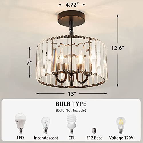 Modern Crystal Ceiling Light Fixture,Industrial 3 Lights Close To Ceiling Light,13" Round E12 Base Semi Flush Mount Hanging Pendant Light For Dining Room,Hallway,Bedroom,Bathroom,Living Room,(Black). #TOP5