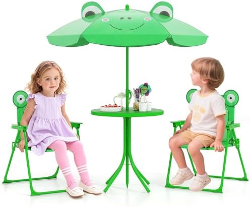 HONEY JOY Kids Picnic Table, Animal Themed Toddler Outdoor Table and Chair Set, 2 Folding Chairs & Removable Umbrella, Children Outdoor Furniture for Backyard Patio Garden (Green Frog)