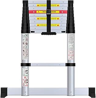 WolfWise 3.2M Telescopic Ladder with Stabiliser Bar, Aluminum Telescopic Extension Tall Multi Purpose Loft Ladder, 330 pound/150 kg Capacity Black (3.2M)