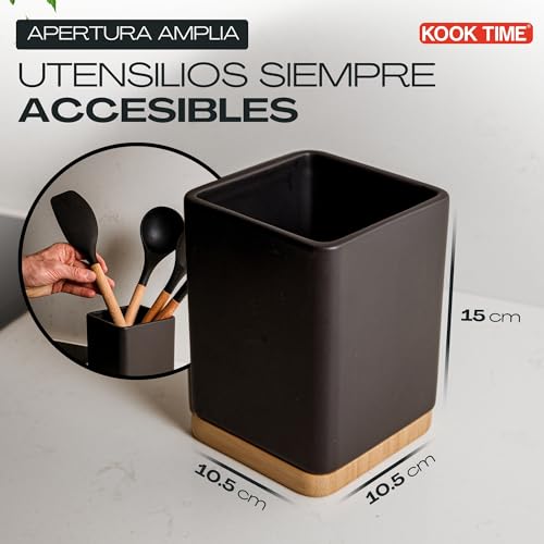 Miniatura 3 de Kook Time Porta Utensilios De Cocina - Bote Para Utensilios Cocina De Cerámica Y Bambú - Soporte Utensilios Cocina Cuadrado - Negro Mate - 10.5 X 10.5 X 15 Cm