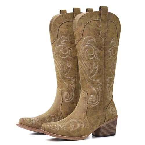 ZBVB Cowboy Boots for Women, Cowgirl Boots Mid Calf with Chunky Heel & Snip Toe, Stitched Embroidery for Country Concert Dancing Traveling Daily Outfits, Warm Khaki 8
