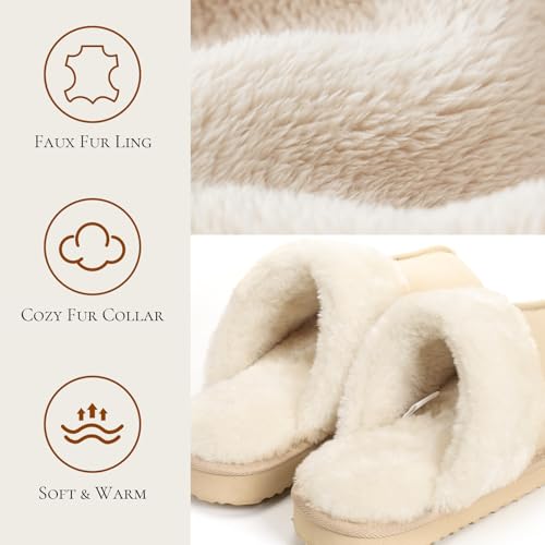 Image of OOW Fuzzy Slippers for Women Cozy Faux Fur House Shoes Memory Foam Slippers | Winter, Warm Slippers, Indoor and Outdoor