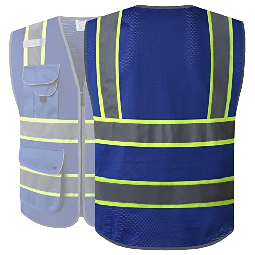 Image of JKSafety 9 Pockets High Visibility Zipper Front MESH Blue Safety Vest | Blue with Dual Tone High Reflective Strips | ANSI /ISEA Standards (100-Blue, M)
