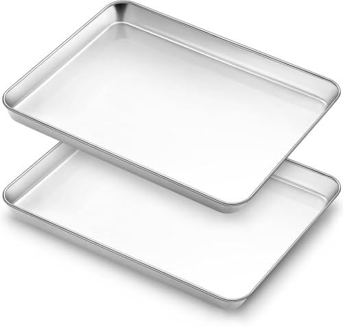 Baking Tray Set of 2 Bastwe Stainless Steel Oven Trays Rectangle Baking Sheets Pans Perfect for Cooking Serving Non Toxic & Rust Free Mirror Finished & Dishwasher Safe (9 x 7 x 1 inch)