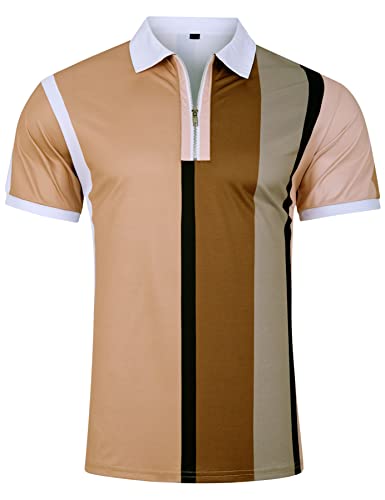 Mens Vinatge Polo Shirts 80S 90S Retro Brown Short Sleeve Zipper Polos T-Shirt Casual Slim Fit Athletic Tennis Golf Tee Shirts Workout Travel Activewear Xx-Large #TOP2