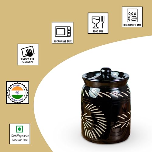 Image of Ceramic Pickle Jar Floral Cutting(Set of 2) | Black Achaar Container | Kitchen Storage Containers for Pickles & Spices | Ceramic Jars for Kitchen Storage | 1 kg Achaar Martban | Salt Container