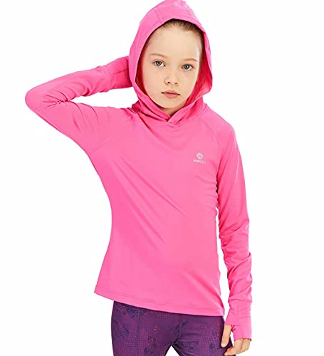 Girls Long Sleeve Shirt Hoodies SPF Active Tee Workout Running Yoga Pullover Tops with Thumb Holes Bright Fuchsia 5-6years