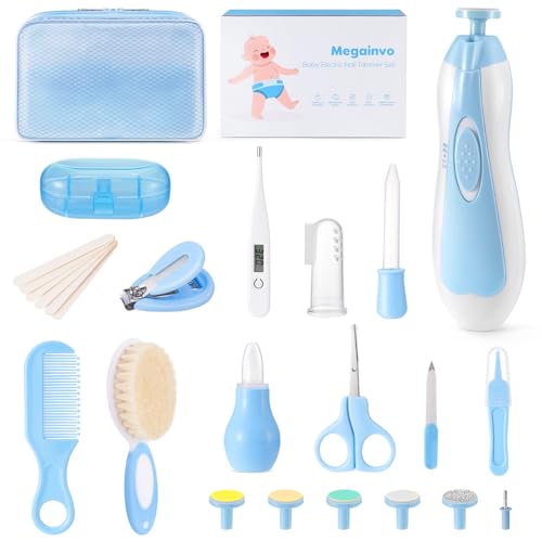 Megainvo Baby Healthcare and Grooming Kit, 24 in 1 Baby Nail Trimmer Electric Set with Light, Portable Newborn Nursery Health Care Set Nail Clippers Infant Hair Comb Brush for Toddlers Boys Girls