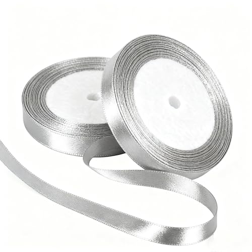 2 Rolls 10mm Silver Satin Ribbon for Gift Wrapping 22m Thin Fabric Craft Ribbon for Balloons Crafting Hair Bouquets Wedding Car Presents Cake Christmas Party Decorations