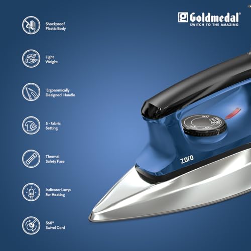 Image of Goldmedal Zoro 1100W Dry Iron| Non-stick Premium Triple Coated Soleplate| 5 Fabric Setting|1.8 Meter Cord|360 Swivel Cord| Indicator Lamp for Heating| 2.5 Years Warranty| Light Weight (Blue)