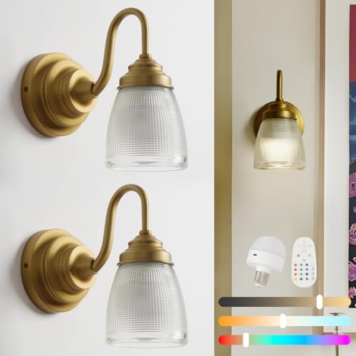 Image of Vintage Battery Operated Wall Sconces Set of 2,Brass Gold Bathroom Vanity Light with Clear Glass Dimmable Cordless Rechargeable Wall Lamps for Bedroom Living Room Bathroom Hallway
