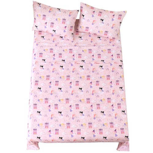 MCO Pink Fairy Castle Kids Twin Sheet Set, 3 Piece Soft Microfiber Kids Twin Size Bed Sheets, Oeko-TEX, 16" Deep, Won't Pop Off, Breathable & Machine Washable, Cute Bedding Set for Girls Boys