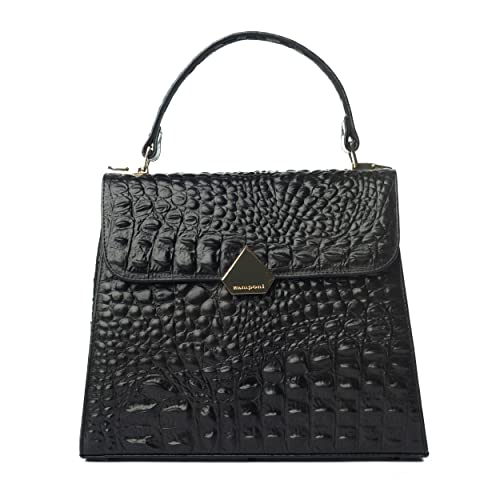Zamponi - Sac à main élégant pour femme Croc Croco - Sac à bandoulière en cuir de nombreuses poches compartiments - Sac fourre-tout grand travail Satchel Dossier poignée supérieure (Noir), Noir Cover