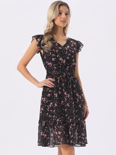Image of Allegra K Women's Floral Dress Spring Summer V Neck Flutter Sleeve Ruffle Casual Smocked Knee Length Dresses