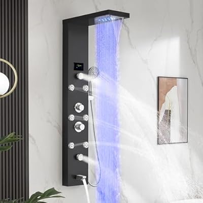 DELAVIN LED Shower Panel Stainless Steel Shower Tower with Temperature Display, 5-Function Shower Panel Tower System with Rainfall Waterfall Massage Body Jets Tub Spout Handheld Shower, Brushed Black