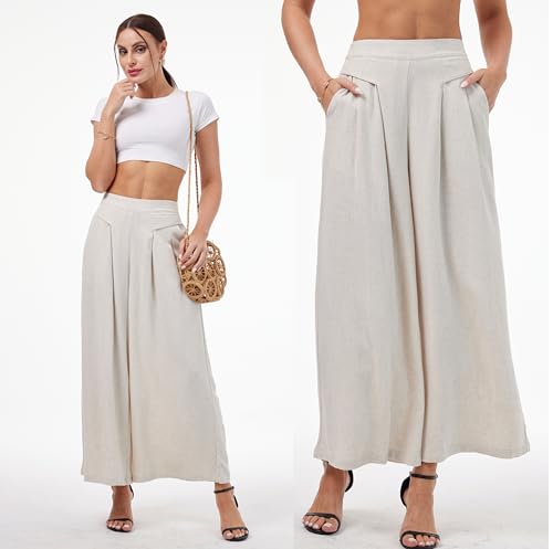 heipeiwa Women' s Culottes Linen Pants Summer Casual Flowy Beach Cotton Linen Wide Leg Palazzo Pants2