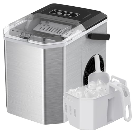 Silonn Ice Maker Coutertop Machine - Portable Ice Cube Maker, 2.6lbs Ice Basket with Bullet Ice in 6 Mins, Visible Water Level Window and Scoop, Stainless Steel, Ideal for Kitchen, Office, Camping