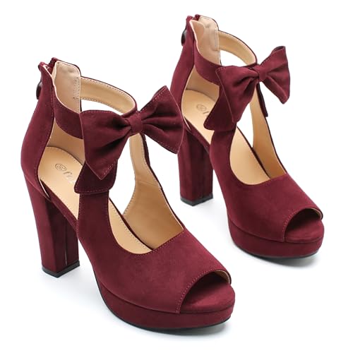 Image of fereshte Women's Bow Chunky Heel Sandals, Platform High Heel, Peep Toe, 3.94 Inch Block Heel