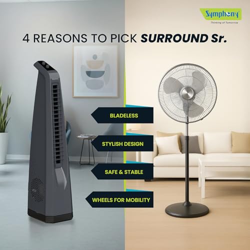 Image of Symphony Surround Sr. Bladeless Tower Fan for Room | 90 Degree Swivel Action, Knob Control Panel | Low Power Consumption | Removable Dust Filter For Clean | 1 Year Warranty | Grey
