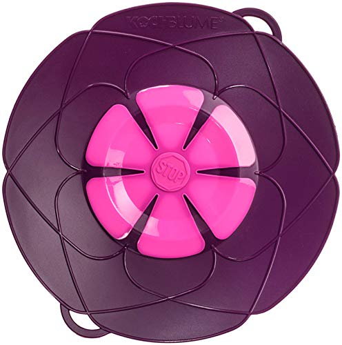 Kochblume das Original vom Erfinder! Ein Deckel für Alles Überkochschutz, Microwellen-Deckel, Spritzschutz und Dampfgaraufsatz lila M 25,5 cm (für Topfgröße Ø 14-20 cm) Set mit Microfasertuch!