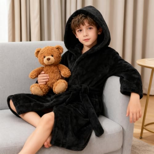 Image of Boys Girls Bathrobes,Toddler Boy Girl Robes,Children's Plush Soft Coral Fleece Hooded Pajamas Sleepwear for Kids