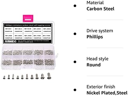 TAIANJI 1000 Pcs Micro Screws Set M1 M1.2 M1.4 M1.7 Screws Mini Round Philips Head Screws Kit Small Self Tapping Screws for Glasses, Watches, Phones, Cameras, Laptops etc(Silver, 10 Sizes)
