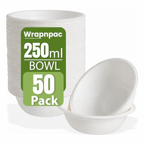 Pack of 50 Biodegradable 250ml Bagasse Bowl Leak-Resistant for Hot & Cold use, Freezer Safe Strong Paper Bowls Small Disposable Compostable Bowl for Party Microwavable Soup Dessert Salad Cereals