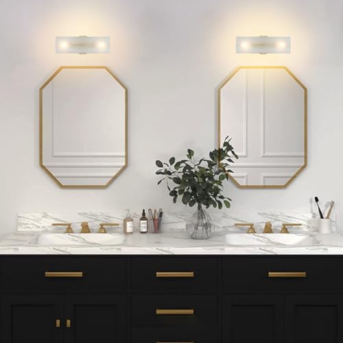 Image of Set of 2 Modern Wall Sconce 2 Lights Cylinder Wall Lamp Industrial Mid Century Bathroom Vanity Wall Light Frosted White Acrylic Glass Shade Brushed Brass Finished Lighting Fixture