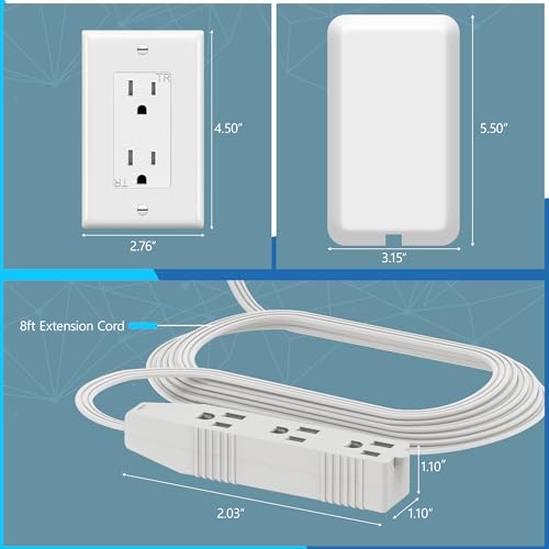 Image of LIDER Flat-Face Outlet Extender with 3 Receptacles, Ultra-Thin Wall Plate Plug with Cord Extender and 3-Outlet Power Strip, 8ft Cord, LWE8-315-W, White