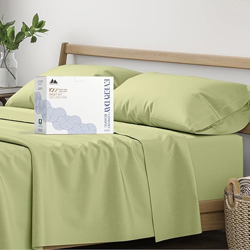Image of Mayfair Linen 100% Organic Cotton Sheets Queen Size - 4 PC Organic Cotton Queen Size Percale Weave Sheet Set, Soft, Cooling, Crisp & Breathable, 16 inch Deep Pocket Hotel Quality Bedding Set - Sage Green