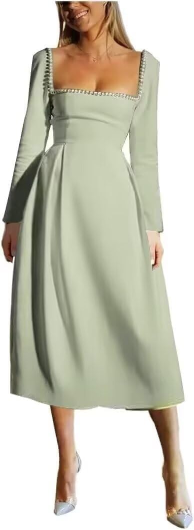 Women's Long Sleeve Wedding Dress for Bride 2025 Pearls Square Neck Satin Midi Bridal Gowns