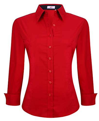 Womens Button Down Shirts Long Sleeve Regular Fit Cotton Stretch Work Blouse Red L