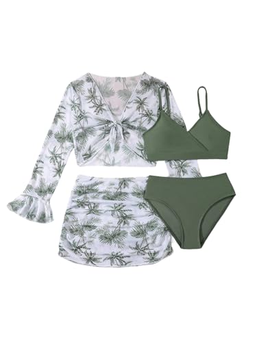 GORGLITTER Girl's 4 Piece Swimsuits Tropical Print Wrap Bathing Suit with Kimono and Cover Up