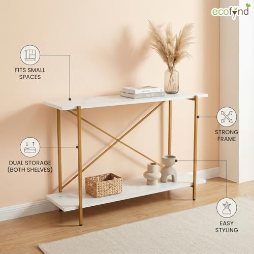 Image of ecofynd Elix Jr 35 Inch Console Table, Metal with Engineered Wooden top Long Narrow Hallway, Entryway, Living Room, Dining Room, Office, Home Side Table Storage Shelves, 35 inchX 9 inchX 28 inch (WHTGO, CT002)