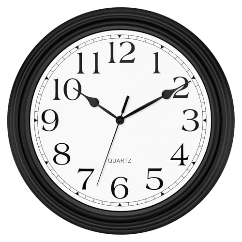 Image of Foxtop 14 Inch Wall Clock Battery Operated Silent Non-Ticking Round Classic Vintage Retro Wall Clock Decorative for Living Room Kitchen Home Office (Black)