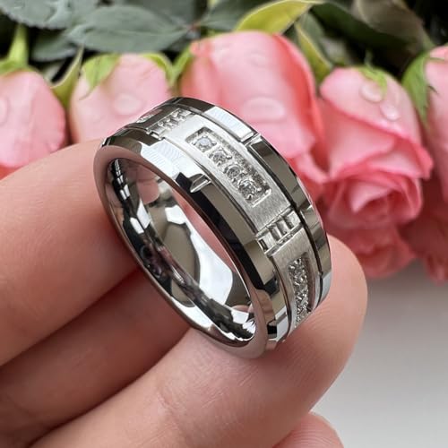 TUTISS 8mm Tungsten Couple Rings for Men & Women CZ All-Around Eternity Engagement Wedding Bands