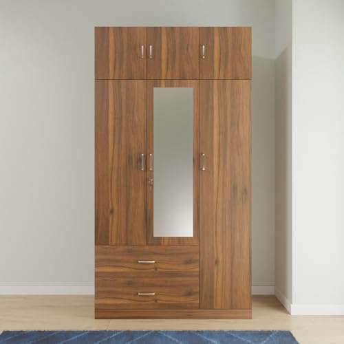 Image of VIKI Wardrobe | Wooden Almirah for Clothes,Door for Bedroom, 3 Door LoftWardrobe with Drawer, Mirror & Hanging Space (Brussel Walnut - 40D x 120W x 220H) | 1 Year Warranty | Free Assembly