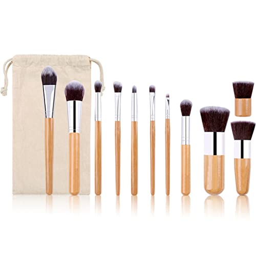 Pinceaux de maquillage à poils doux et manche long avec pochette en lin