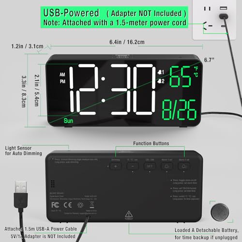 Image of KOSUMOSU Digital Alarm Clocks for Bedrooms,6.7in Black Small Digital Clock for Bedroom, Auto Dimming,Date,Week,Seconds or Indoor Temperature,Desk Clocks for Living Room,LED Alarm Clock Calendar