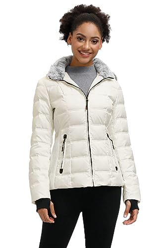 SLOW DOWN Women Down Puffer Jacket Warm Hooded Winter Down Puffer Coat with Faux-Fur Hood & Collar (Off White, S)