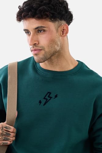 Image of SNITCH Men's Sweatshirt | Crew Neck Pullover with Back Graphic Print & Embroidered Logo | Cotton Blend Regular Fit Full Sleeve Casual Top for Street Wear & Outings